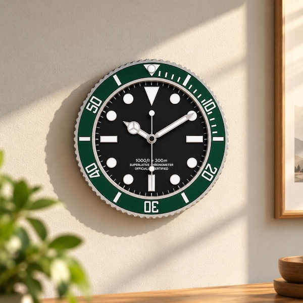 May include: A round wall clock featuring a black face with white circular and rectangular hour markers, white hands, and a green rotating bezel with white numerals. The text 1000ft/300m SUPERLATIVE CHRONOMETER OFFICIALLY CERTIFIED is printed in white.