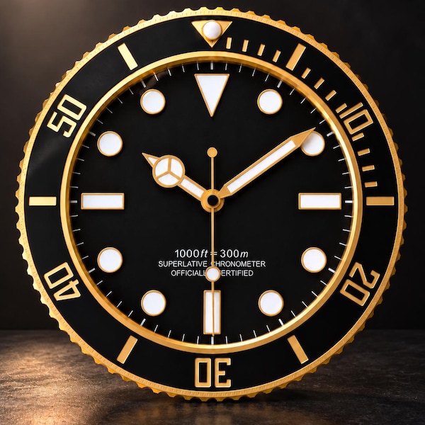 May include: A round wall clock designed like a diver watch with a black face, gold-tone bezel, and white luminous markers. The dial features the text 1000ft = 300m, SUPERLATIVE CHRONOMETER, and OFFICIALLY CERTIFIED with gold hands.