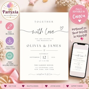 Peut inclure: Un modèle de faire-part de mariage blanc avec du texte noir indiquant TOGETHER with Love, YOU ARE INVITED TO THE WEDDING OF OLIVIA & JAMES, SATURDAY SEPTEMBER 12 2026 AT 5:00 PM, THE GARDEN HOUSE 123 ANYWHERE LANE NEW YORK, NEW YORK.