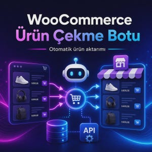 Op de afbeelding: Een digitale afbeelding met de tekst WooCommerce Ürün Çekme Botu en Otomatik ürün aktarımı. Een centraal roboticoon verbindt een productlijst links met een winkelinterface rechts, met daaronder een database-icoon en een API-icoon.