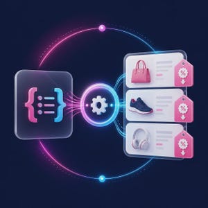 May include: A digital graphic featuring a glowing gear icon connected to a list of three product cards. Each card displays an item—a pink handbag, a blue sneaker, and white headphones—paired with a pink discount tag showing a percentage symbol.