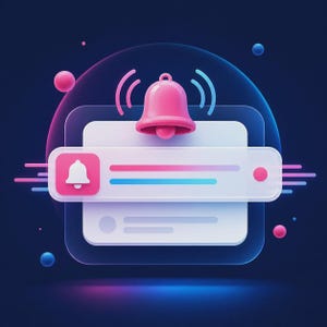 May include: A 3D digital notification icon featuring a pink bell centred above a translucent white rectangular panel. The panel displays a smaller pink square with a white bell icon, horizontal lines, and a pink dot against a dark blue background.
