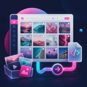 May include: A digital interface displaying a grid of twelve landscape photographs, with a sidebar featuring navigation icons. A translucent container holds smaller image and video files, connected by a glowing neon path to a code file icon.