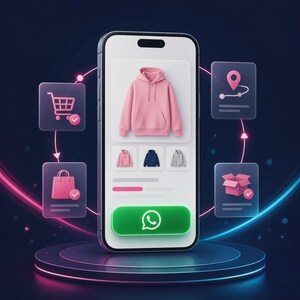 Peut inclure: Un smartphone affichant une interface e-commerce avec un sweat à capuche rose comme produit principal, des options de couleurs plus petites et des icônes translucides pour un panier, un sac, une épingle de localisation et un colis.