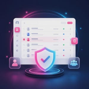 May include: A digital interface dashboard featuring a list of user profiles with checkboxes, a central glowing shield icon with a checkmark, and translucent floating buttons for user management, all illuminated by vibrant pink and blue neon light.