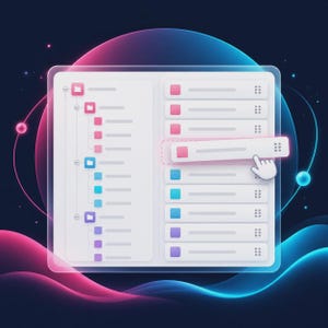 Può includere: Un'interfaccia digitale con un layout a due colonne che mostra un albero di file gerarchico a sinistra e un elenco di elementi selezionabili a destra. Il design utilizza pannelli bianchi e icone di colore rosa, blu e viola.