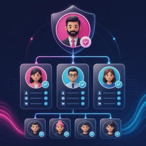 Puede incluir: Un organigrama digital con avatares de estilo caricatura 3D dispuestos en una estructura jerárquica. El nivel superior muestra a un líder en un icono de escudo, conectado a tres gerentes que supervisan a cuatro miembros del equipo.