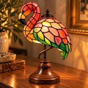 Puede incluir: Una lámpara de mesa de vidrieras con forma de flamenco, con cuello curvo y cuerpo compuesto por paneles de vidrio rosa, naranja, amarillo y verde unidos por líneas metálicas oscuras, sobre una base circular de madera marrón oscuro.