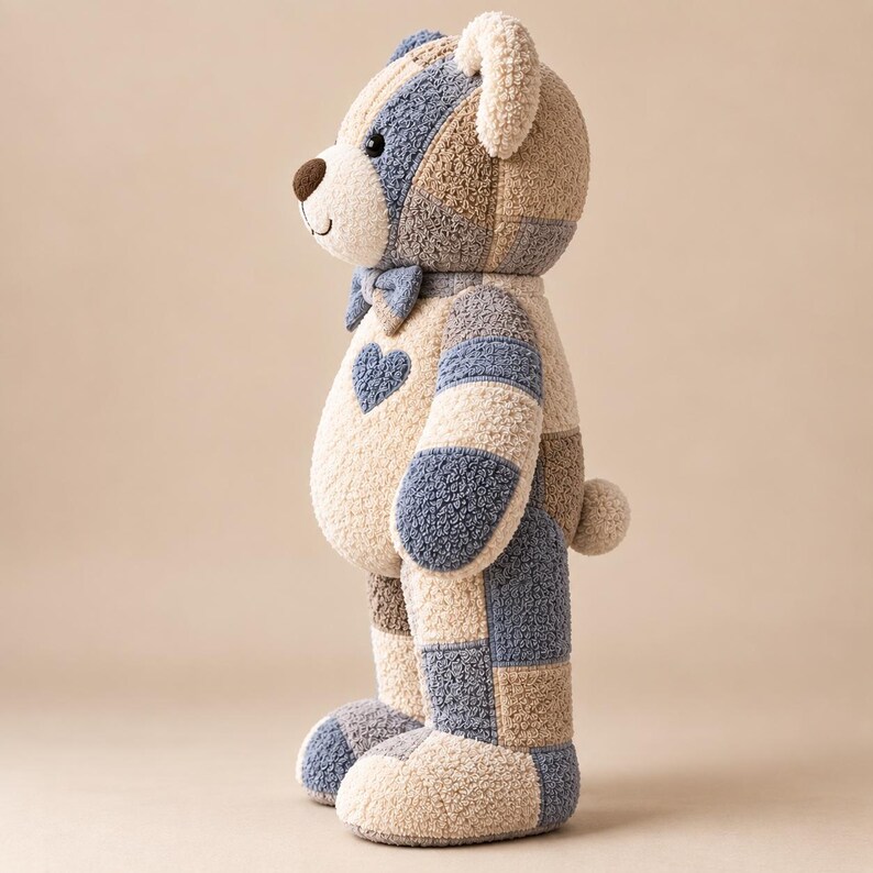 Memory bear pattern PDF finished teddy bear side profile showing layered terry towel panels, rounded muzzle, arm and leg construction