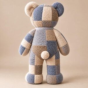 Memory bear pattern finished teddy bear shown from the back with patchwork towel panels, rounded ears, tail and segmented legs