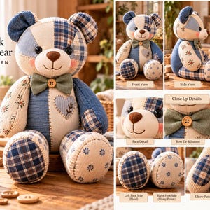 May include: A 51 cm patchwork memory bear sewing pattern in blue and cream tones. The bear features a bow tie with a button, heart applique, and mixed fabric patterns such as plaid and daisy prints. Includes front, side, and back view illustrations.