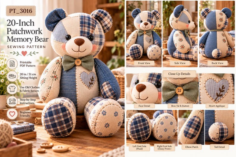 May include: A 51 cm patchwork memory bear sewing pattern in blue and cream tones. The bear features a bow tie with a button, heart applique, and mixed fabric patterns such as plaid and daisy prints. Includes front, side, and back view illustrations.