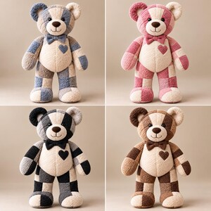 Memory bear pattern PDF showing four finished teddy bears in blue, pink, black and brown patchwork towel color combinations