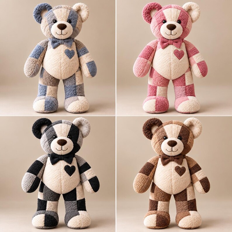 Memory bear pattern PDF showing four finished teddy bears in blue, pink, black and brown patchwork towel color combinations