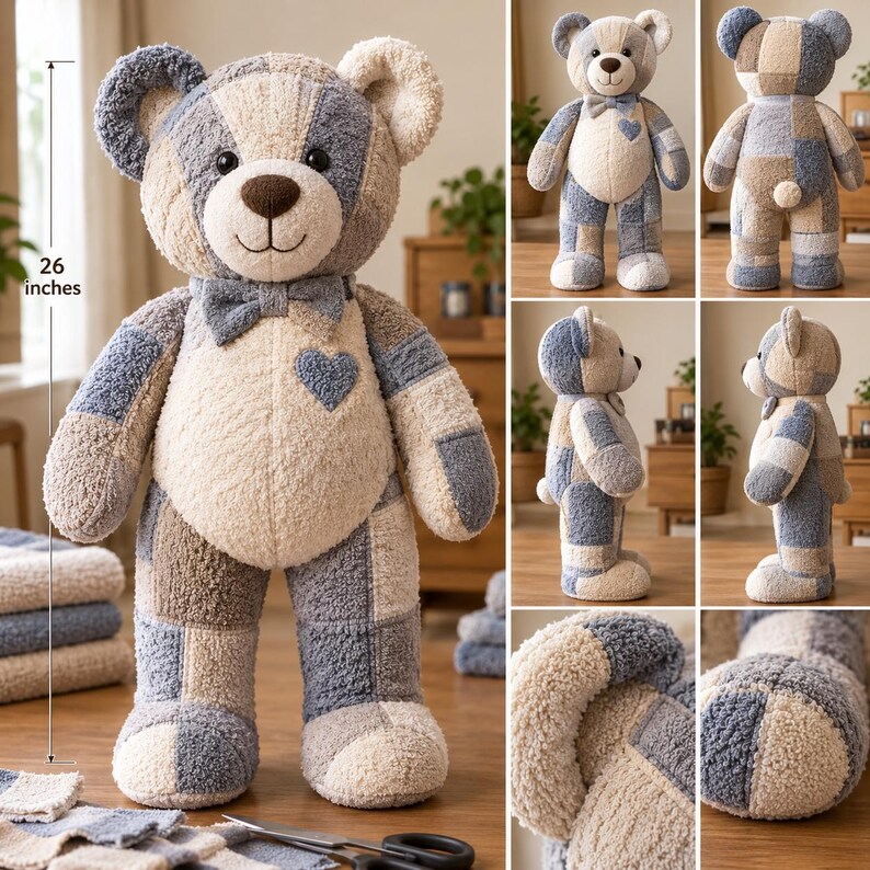 Memory bear pattern PDF preview showing finished 26 inch towel teddy bear alongside multiple views and printable sewing pattern pieces