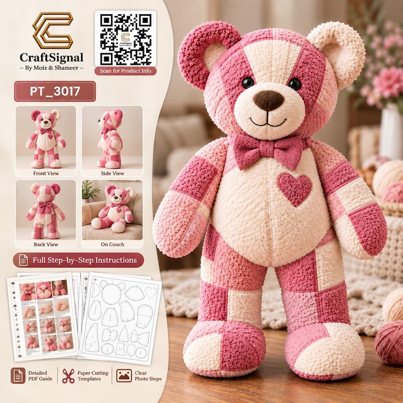 26 inch memory bear sewing pattern PDF with printable templates, finished patchwork teddy bear made from old terry towels, Craft Signal PT_3017