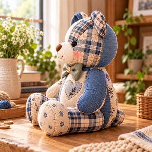 May include: A stuffed teddy bear crafted from various fabric patches in shades of blue, white, and cream. The bear features a plaid pattern, a small green bowtie with a wooden button, and a heart-shaped patch on its chest with floral embroidery.