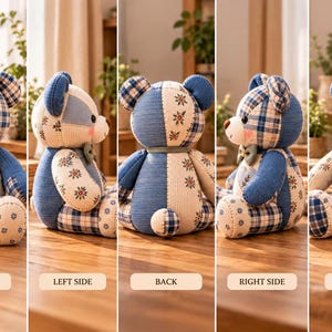 May include: A plush teddy bear constructed from patchwork fabric in shades of blue, cream, and white. The bear features a mix of plaid, floral, and solid patterns, a small green bow tie with a wooden button, and a stitched heart on its chest.