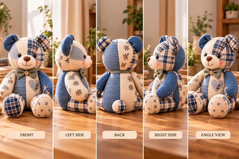 May include: A plush teddy bear constructed from patchwork fabric in shades of blue, cream, and white. The bear features a mix of plaid, floral, and solid patterns, a small green bow tie with a wooden button, and a stitched heart on its chest.