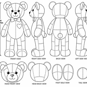 Printable Memory Bear Pattern PDF template showing numbered sewing pattern pieces for the head, ears, muzzle, torso, arms, legs, feet, tail, bow tie, and heart patch.