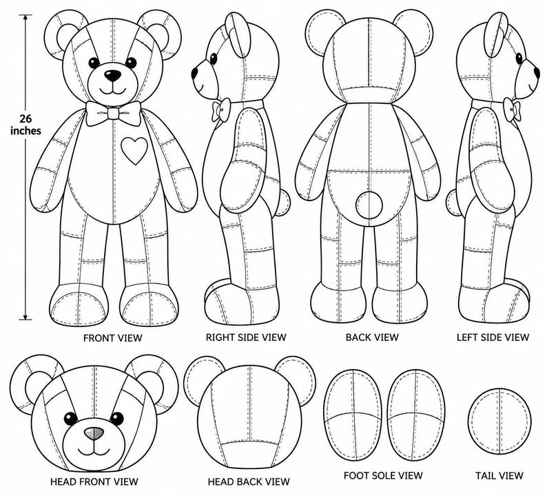 Printable Memory Bear Pattern PDF template showing numbered sewing pattern pieces for the head, ears, muzzle, torso, arms, legs, feet, tail, bow tie, and heart patch.