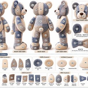 Memory bear pattern PDF preview showing multiple finished teddy bear views, pattern construction details, fabric pieces and sewing components