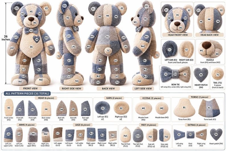 Memory bear pattern PDF preview showing multiple finished teddy bear views, pattern construction details, fabric pieces and sewing components