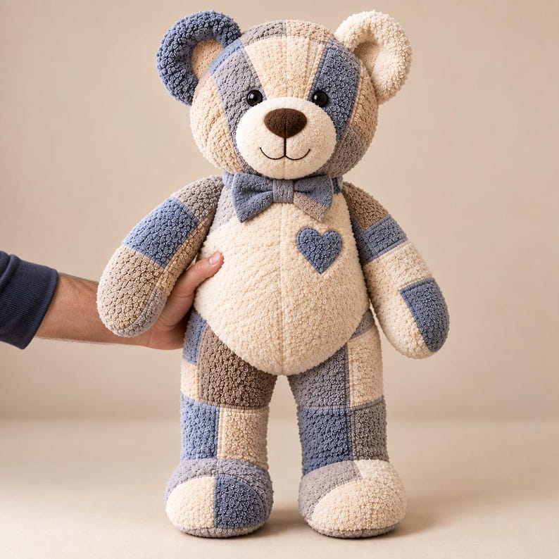 Memory bear sewing pattern finished bear shown standing, featuring patchwork towel panels, rounded ears, stuffed arms and padded feet