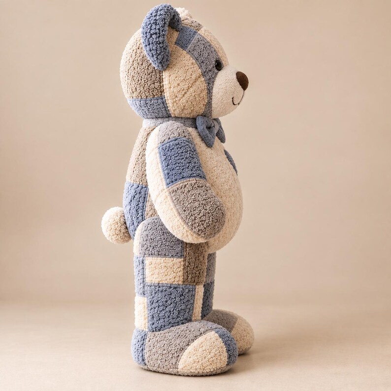26 inch memory bear sewing pattern shown from the side, highlighting the stuffed teddy bear shape, patchwork towel construction and padded feet