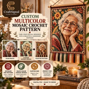 May include: A custom multicolour mosaic crochet pattern wall hanging featuring a portrait of an elderly person with glasses, surrounded by floral motifs. The piece includes a wooden dowel hanger and a row of multicoloured tassels at the bottom edge.