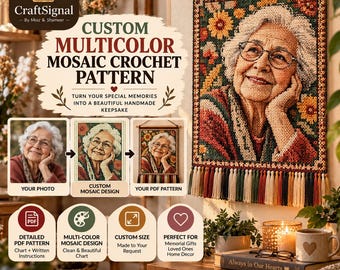 Patrón de ganchillo personalizado multicolor tipo mosaico / Ganchillo personalizado con foto / Recuerdo, adorno de pared, ganchillo a partir de una foto