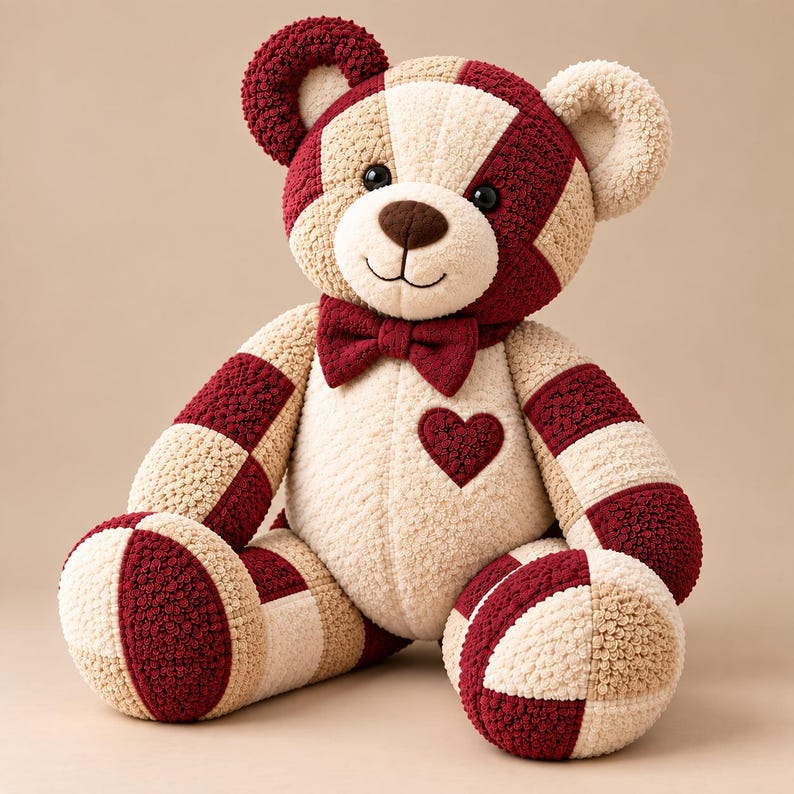 Seated red and cream patchwork memory bear made from old terry towels, showing the teddy bear shape, padded feet, arms, heart patch, and bow tie from the sewing pattern.