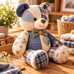 May include: A stuffed teddy bear constructed from various fabric patches in shades of blue, cream, and white. The bear features a plaid pattern, floral prints, a solid green bowtie with a central wooden button, and a heart-shaped patch on its chest.