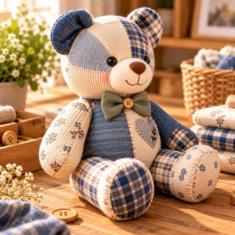 May include: A stuffed teddy bear constructed from various fabric patches in shades of blue, cream, and white. The bear features a plaid pattern, floral prints, a solid green bowtie with a central wooden button, and a heart-shaped patch on its chest.