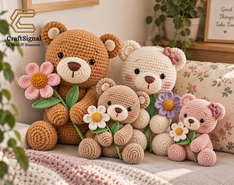 Teddy bear crochet pattern Amigurumi, Crochet Amigurumi Teddy Bear with Flower, Plush Toy Pattern (PDF Download)