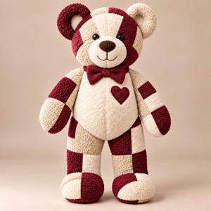 Red and cream patchwork keepsake teddy bear made from upcycled towel fabric, showing the finished 26-inch memory bear design from the sewing pattern.
