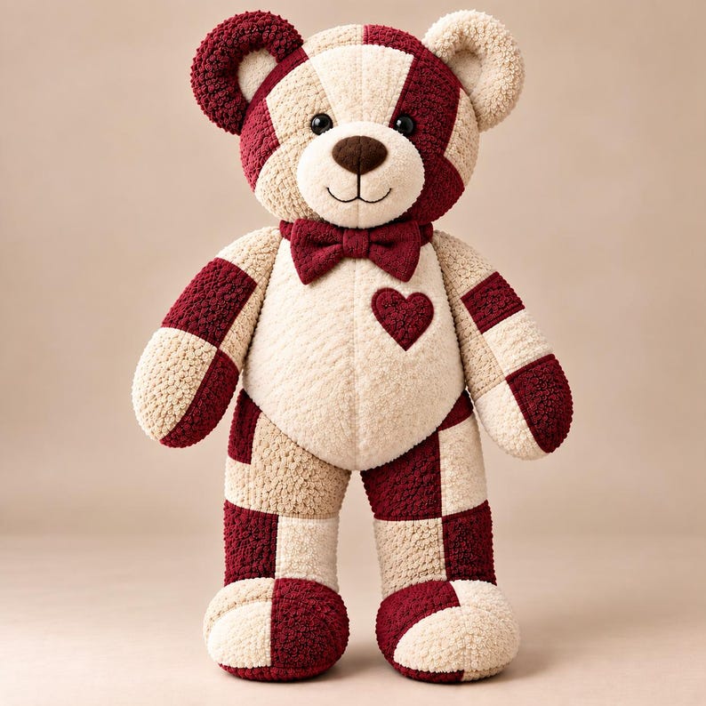 Red and cream patchwork keepsake teddy bear made from upcycled towel fabric, showing the finished 26-inch memory bear design from the sewing pattern.