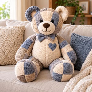 26 inch towel memory bear made from old terry towels shown seated on a cozy sofa, finished handmade keepsake teddy bear