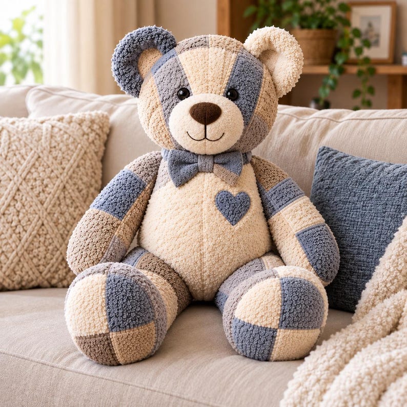 26 inch towel memory bear made from old terry towels shown seated on a cozy sofa, finished handmade keepsake teddy bear