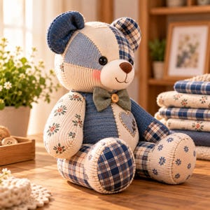 May include: A patchwork teddy bear constructed from various fabrics including blue and white plaid, cream corduroy, and floral patterns. The bear features a small green bowtie with a wooden button, a brown nose, and a heart-shaped patch on its chest.