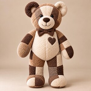 26 inch memory bear pattern showing finished brown and cream patchwork teddy bear made from repurposed terry towels
