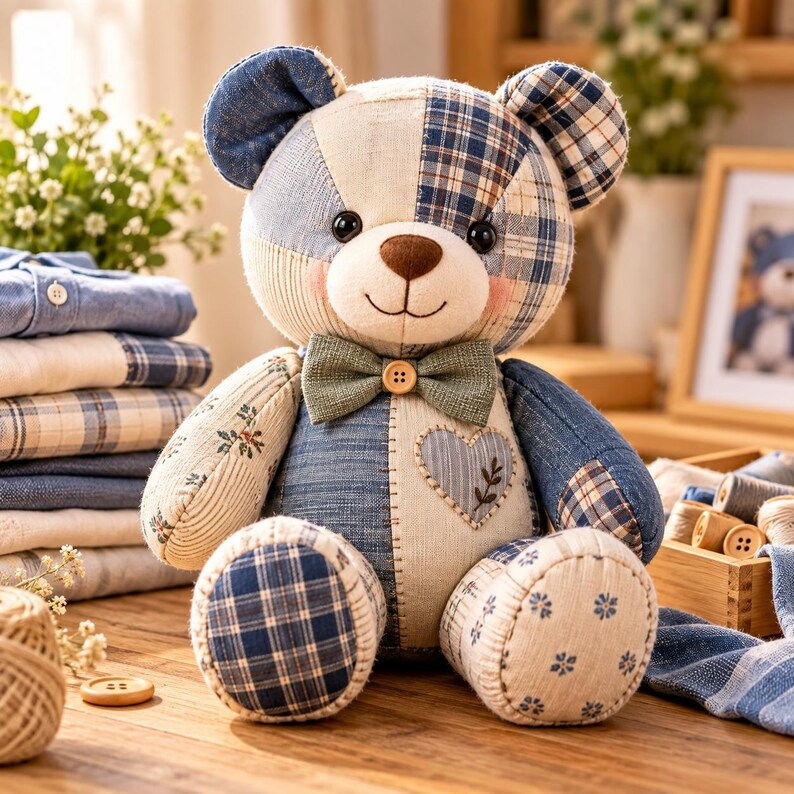 May include: A patchwork teddy bear constructed from various blue, white, and beige fabric patterns. The bear features a dark brown nose, black eyes, a green bowtie with a small wooden button, and a heart-shaped patch on its chest with embroidery.