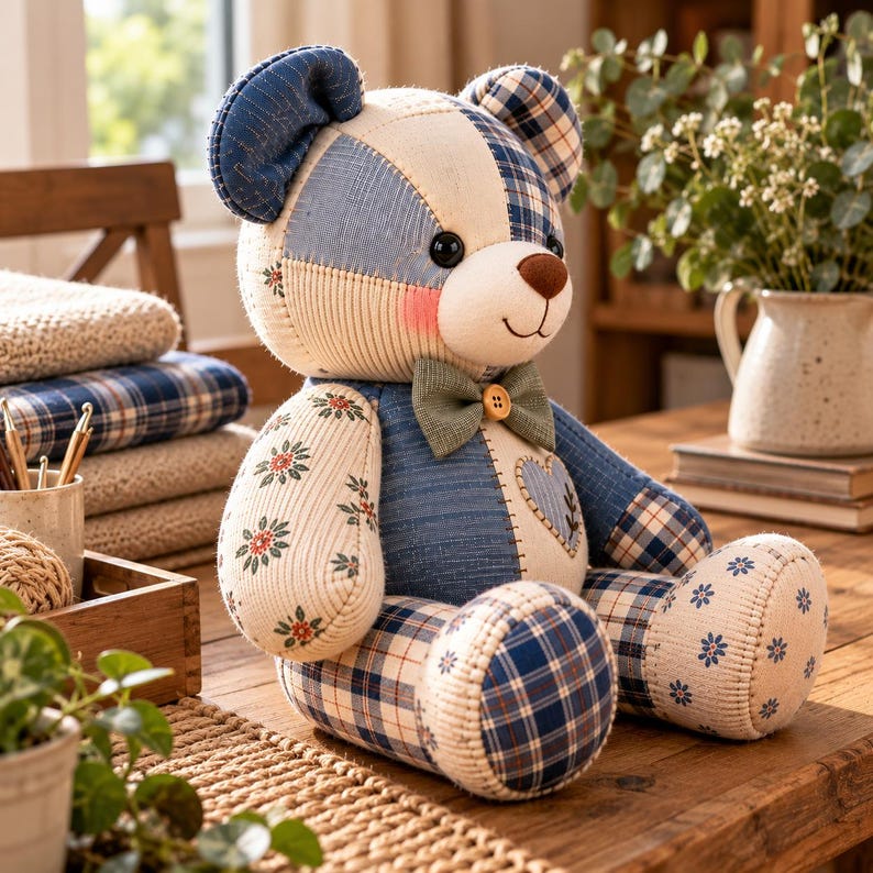 May include: A stuffed teddy bear constructed from various fabric patches in shades of blue, cream, and white. The bear features a plaid and floral pattern, a small green bow tie with a wooden button, black button eyes, and a heart-shaped patch.