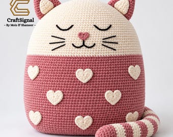 Crochet Cat Pillow Pattern PDF, Cat Crochet Pattern, Sleepy Kitty Cushion, Heart Cat Amigurumi, Plush Floor Pillow, Cozy Home Decor