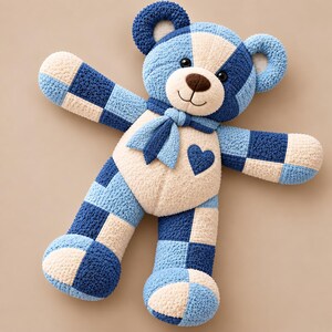 Finished 26-inch patchwork memory bear made from recycled terry towels in blue, white, and cream, showing the teddy bear design created from the Memory Bear Sewing Pattern.