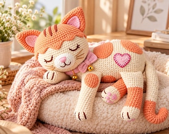 Padrão de crochê de gato dormindo em PDF, padrões de amigurumi de gatinho, gatinho de chenille para prateleira, padrão de amigurumi de gatinho, crochê de nível intermediário.