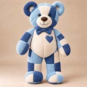 Blue and cream standing memory bear made from recycled towel fabric, showing the finished teddy bear created with this Memory Bear Sewing Pattern PDF.