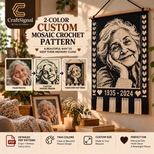 May include: A two-color custom mosaic crochet pattern wall hanging featuring a portrait of an elderly person with the text 1935-2024. The design includes a heart border and a fringe bottom, suspended from a wooden rod with a black cord.