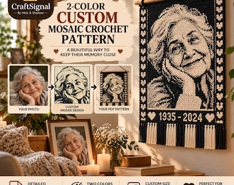 Custom Photo Mosaic Crochet Pattern | 2-Color Overlay Chart | Personalized Portrait PDF for Wall, Memory Keepsake, Graduation, Birthday Gift