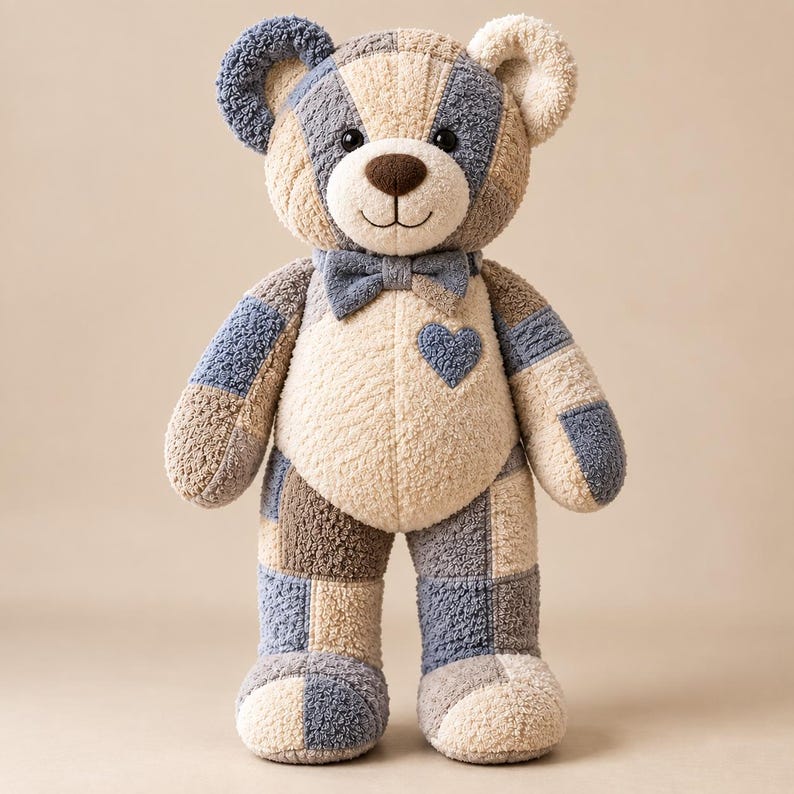 26 inch memory bear pattern finished standing teddy bear made from repurposed towels with patchwork body, heart patch and bow tie